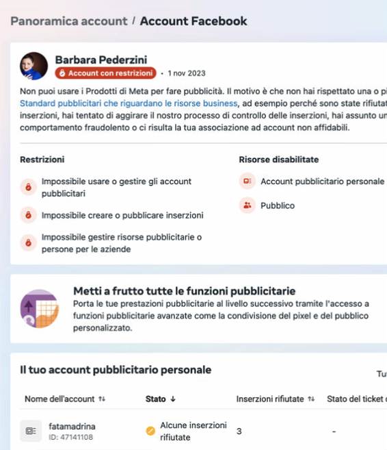 panoramica account da cui risultano restrizioni dal 1 novembre 2023