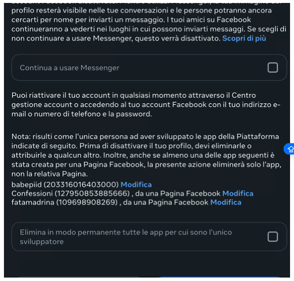 finestra del processo di eliminazione account Facebook